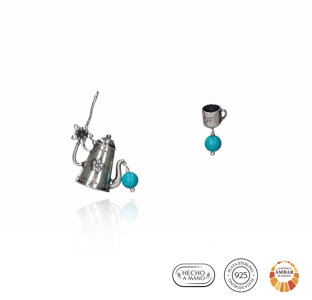 Aretes Cafetera con Flor y Taza Café