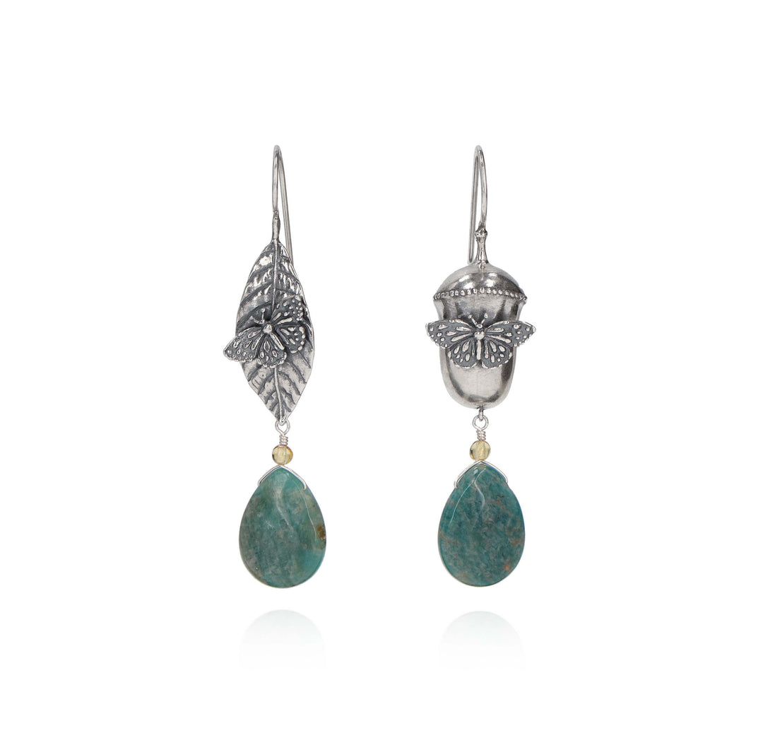 Long Monarch Butterfly Cocoon and Leaf Earrings with Monarchs