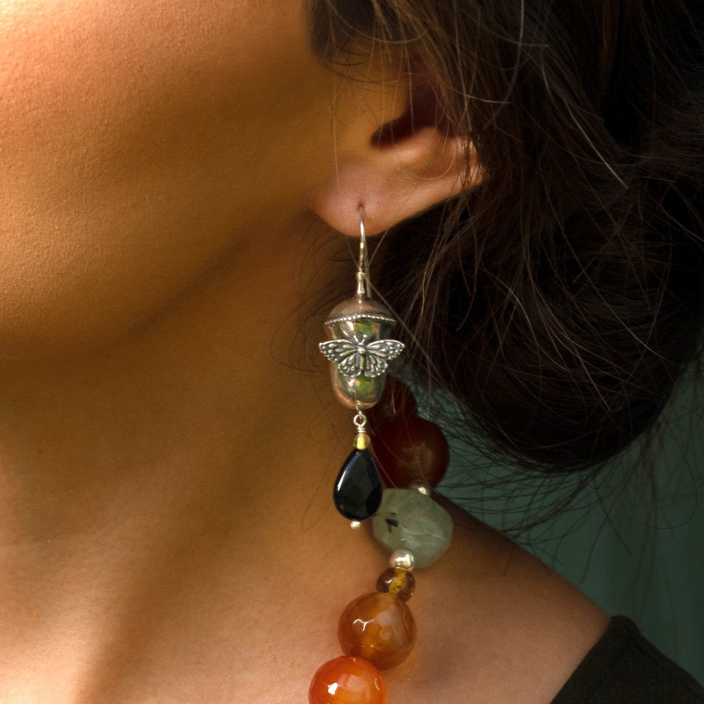 Long Monarch Butterfly Cocoon and Leaf Earrings with Monarchs
