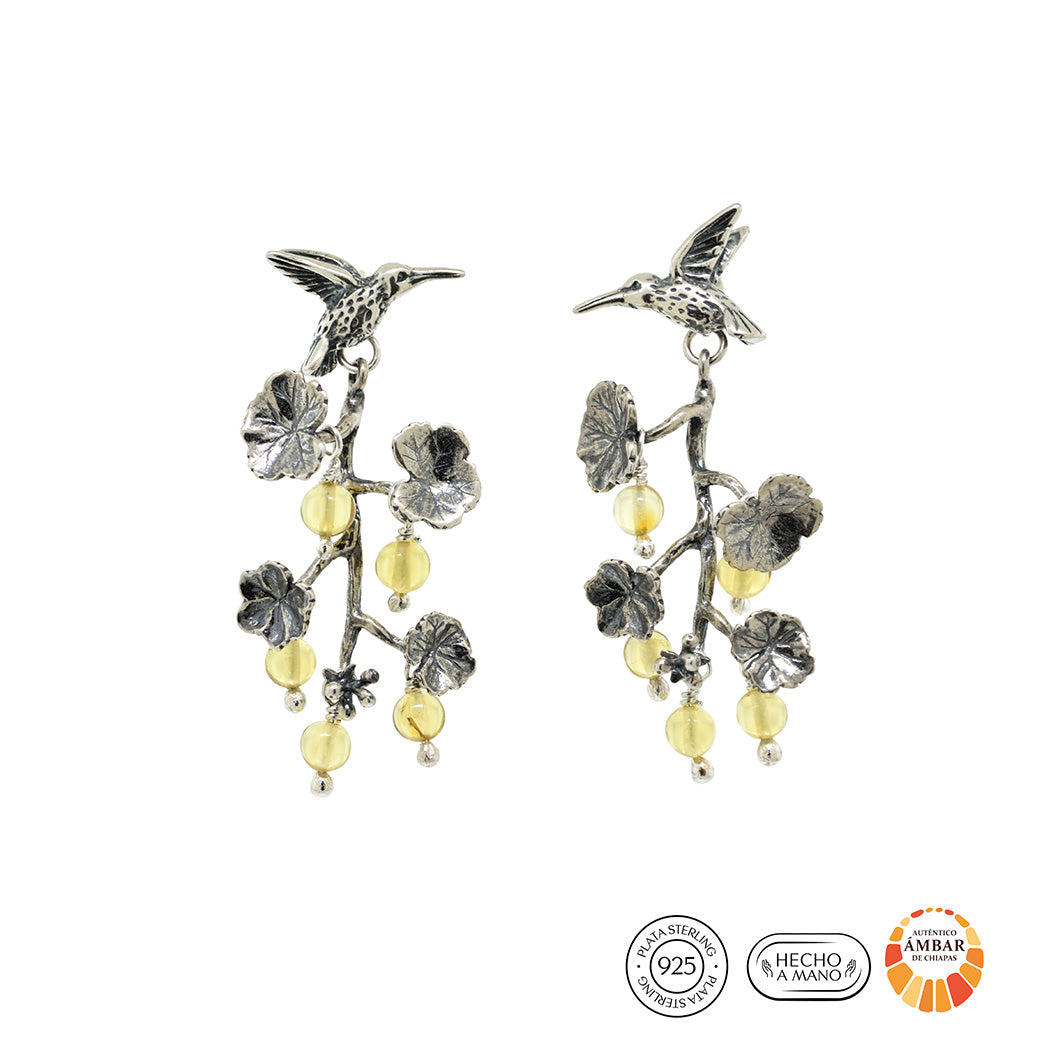 Aretes Colibríes y Ramas con Ámbar