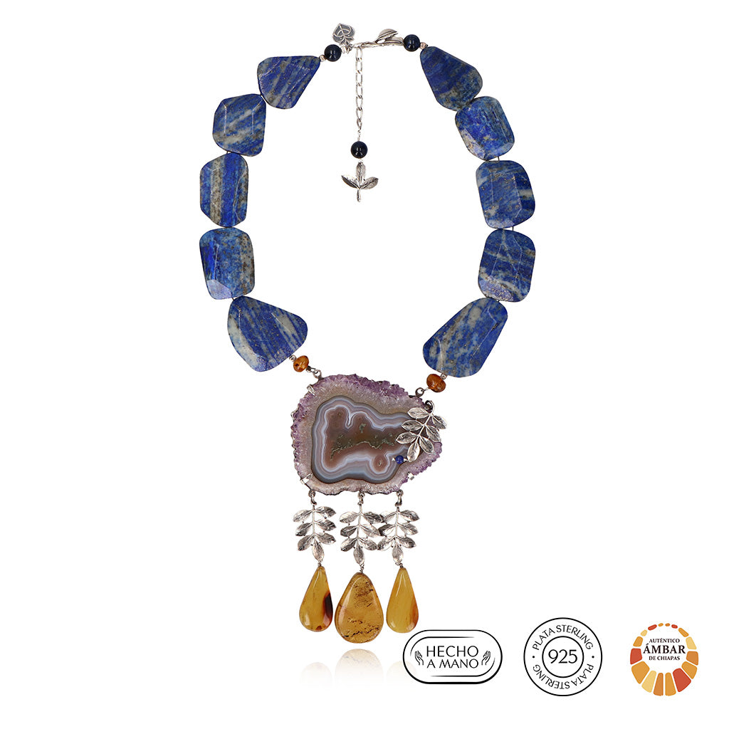 Collar Geoda con Hojas de Añil