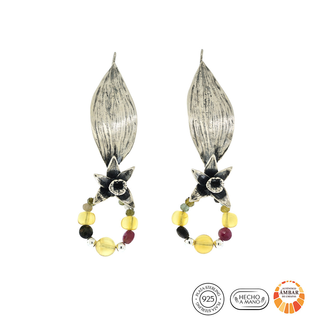 Aretes Hoja de Orquídea y Jardín de Ámbar