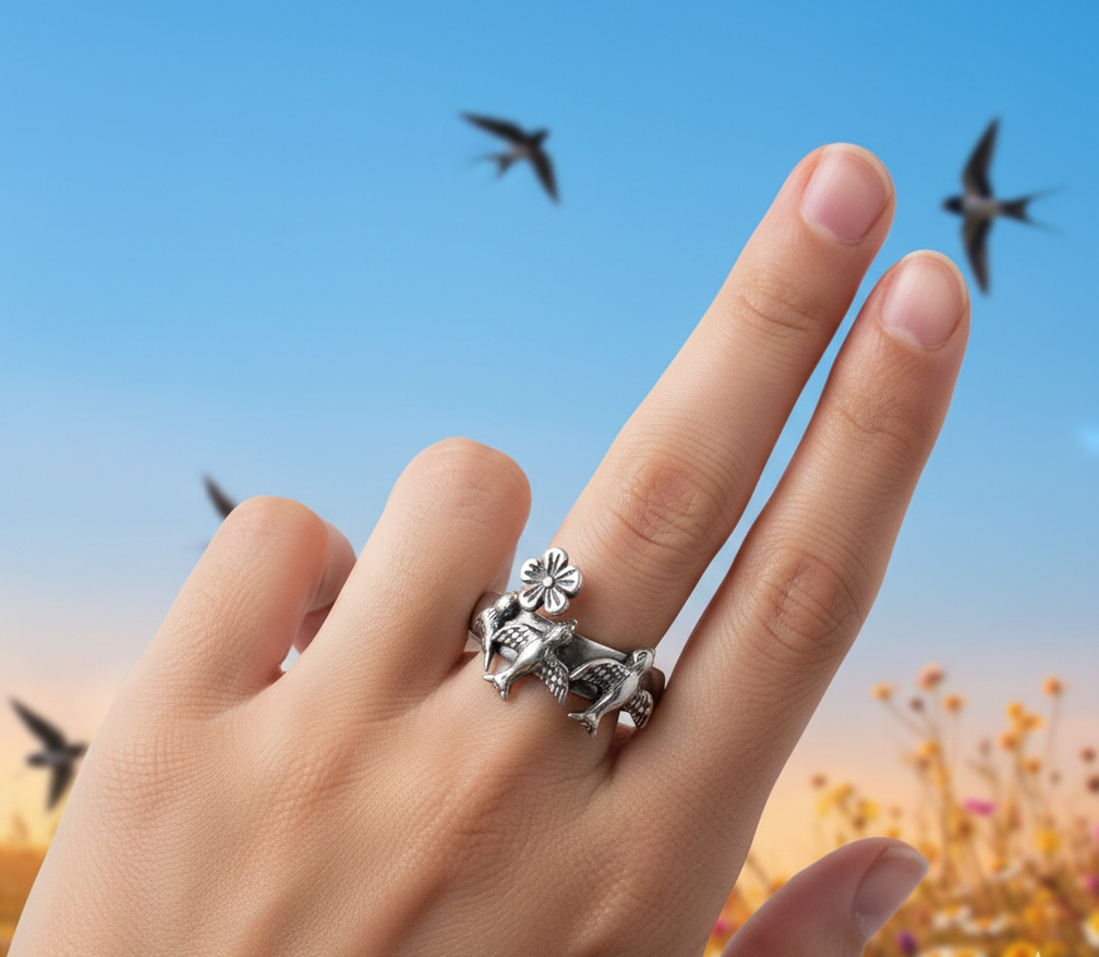 Anillo tres golondrinas flor