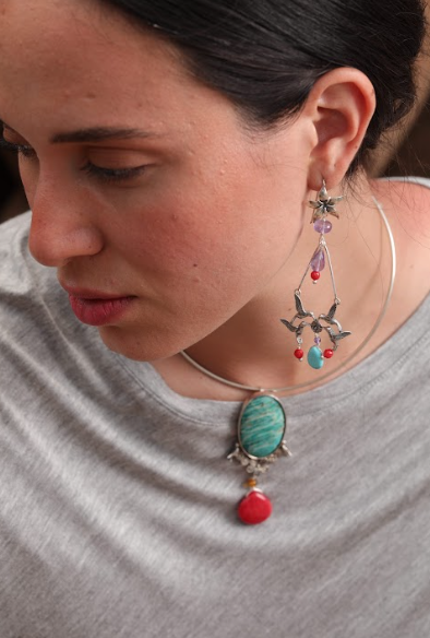 Long Coffee Flower Earring with Hummingbird