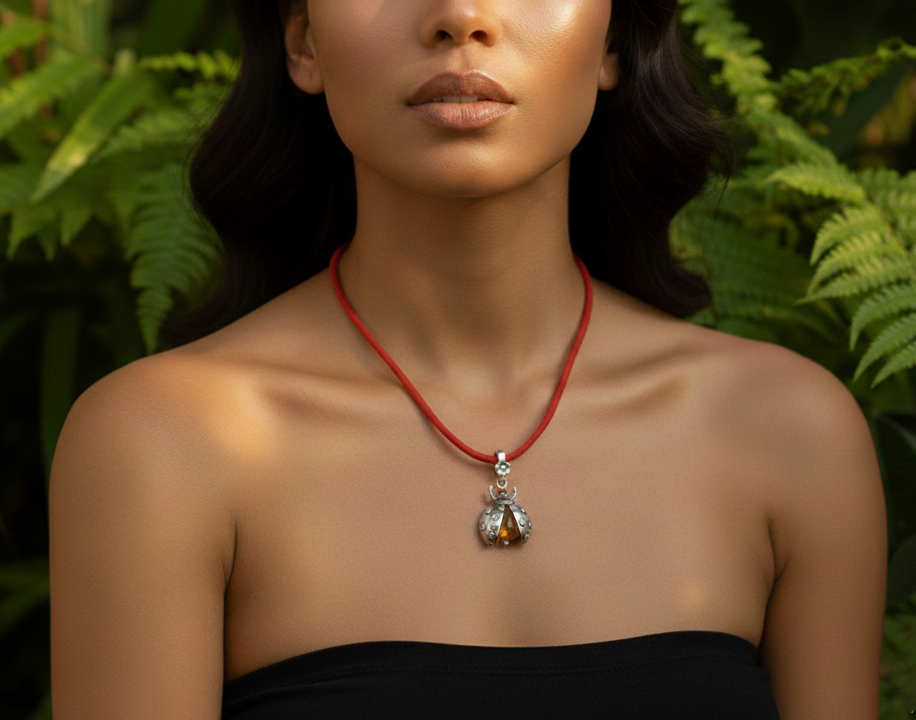 Amber Ladybug Pendant with Mallow or Lotus