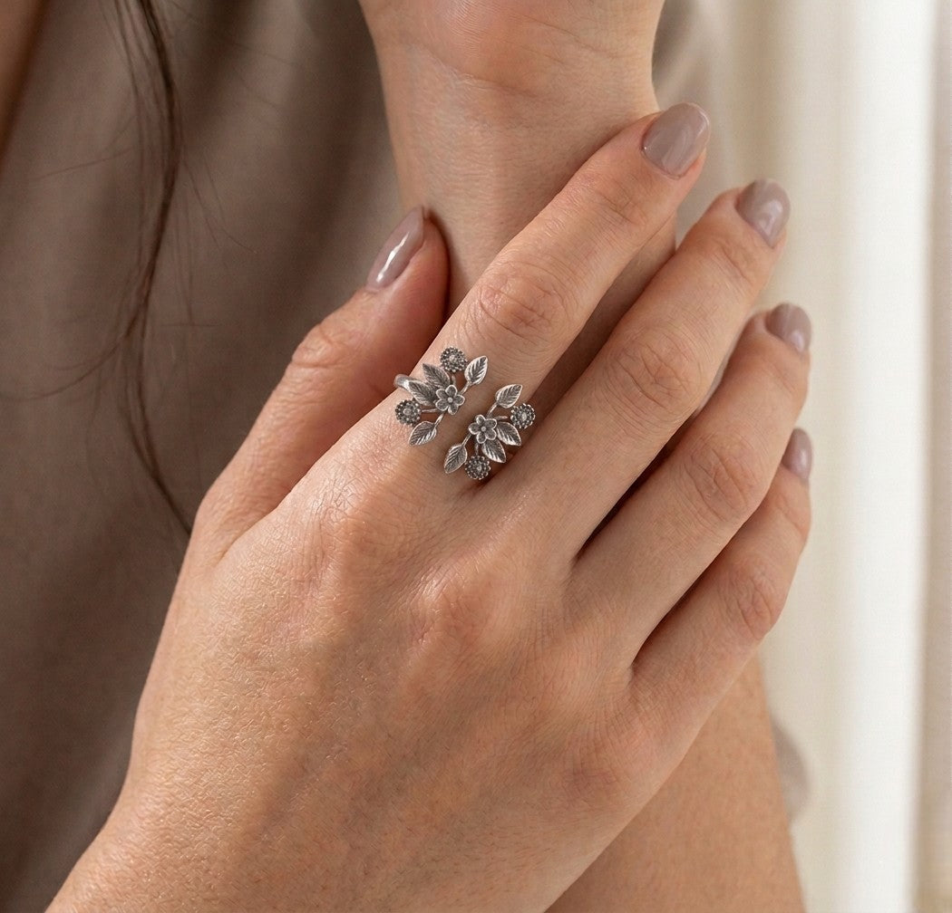 Leaf and Flower Twig Ring