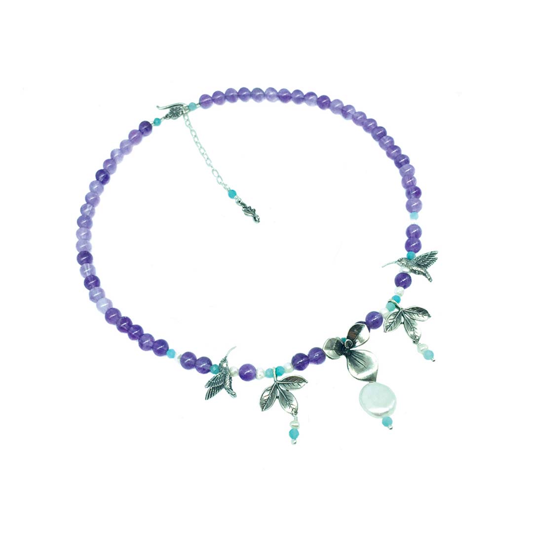 Collar Flores de Añil y Colibríes